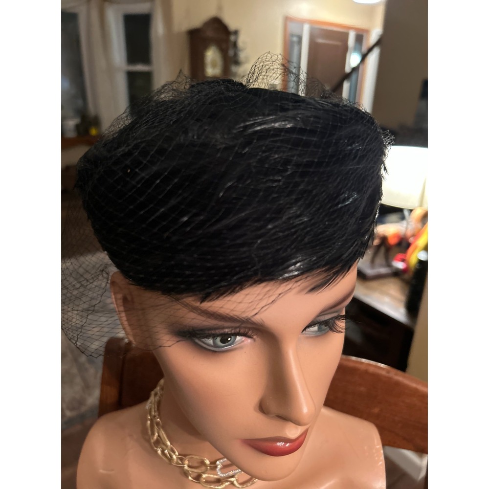 Vintage Black Feather Pillbox Hat with Veil Union Made 1960s Mid Century